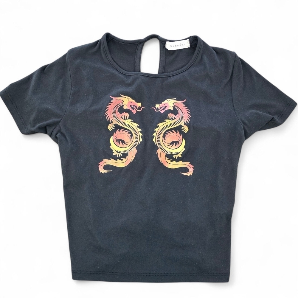 Dragon Graphic Lace-Up Back Black Crop Baby Tee Stretch Grunge Y2K Style Medium